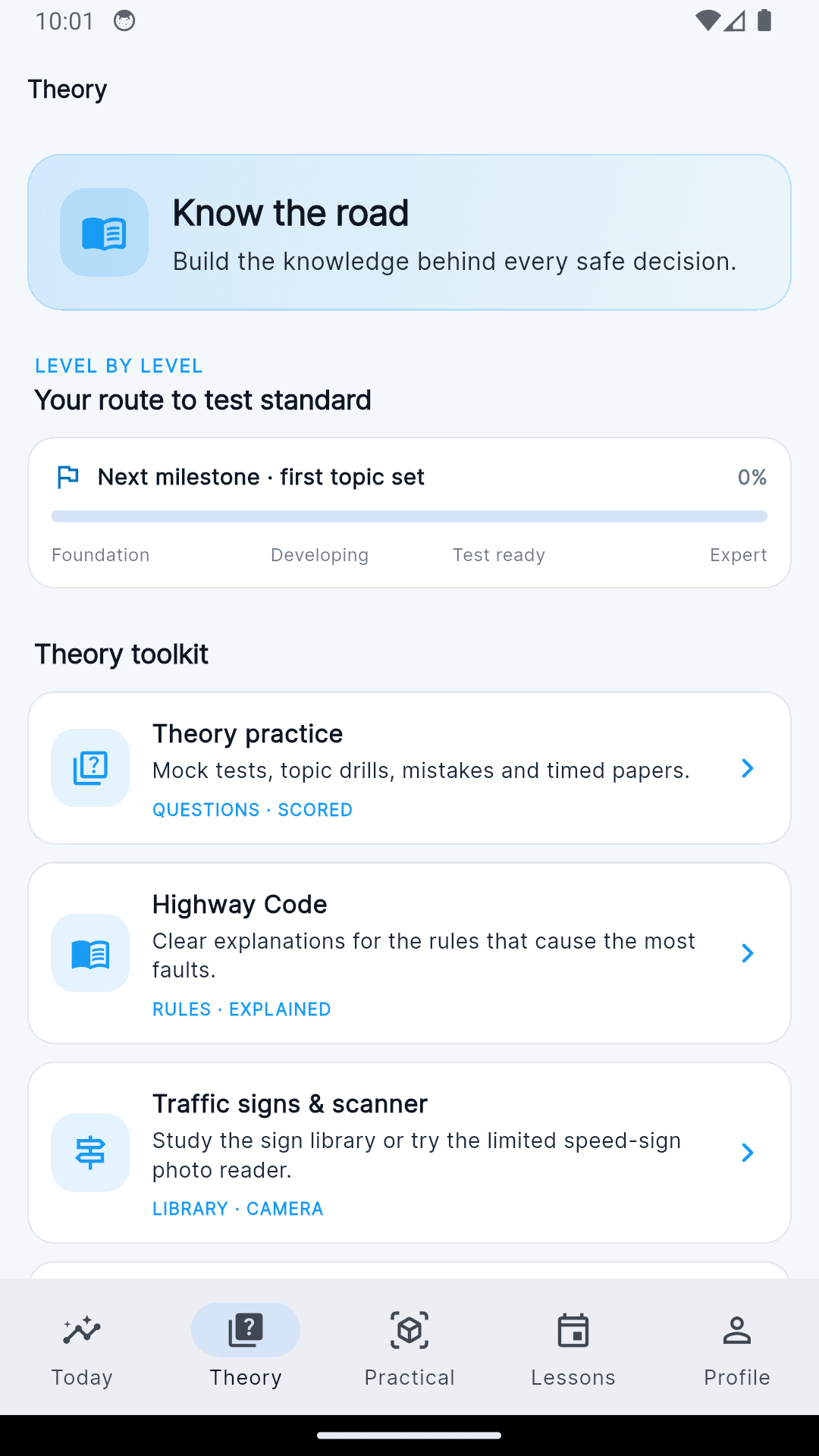 Theory practice screen in the Learn and Drive app